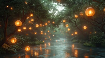 Enchanted Forest River Pathway with Warm Golden Light