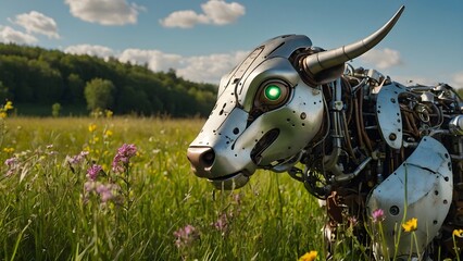 Rustic Robot Feeding a Curious Cow in a Serene Meadow