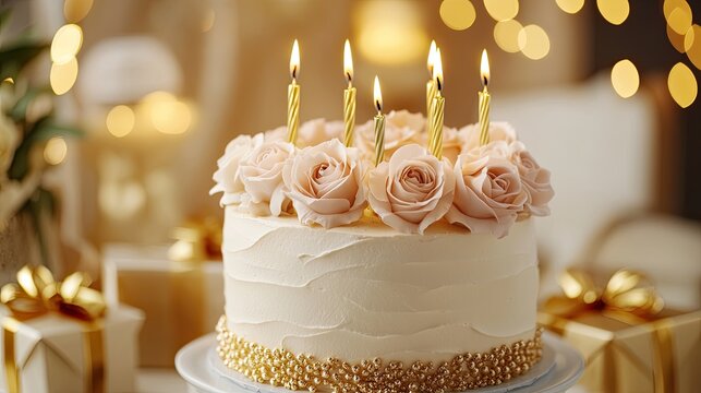Luxurious birthday cake topped with pastel roses, elegant candles, surrounded by gold-wrapped gift boxes, soft blurred background, high-end celebration vibe 