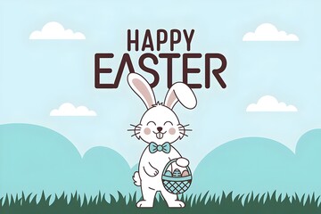 A cute Easter bunny holding a basket of colorful eggs in a field of green grass against a blue sky with white clouds. Happy Easter illustration graphic