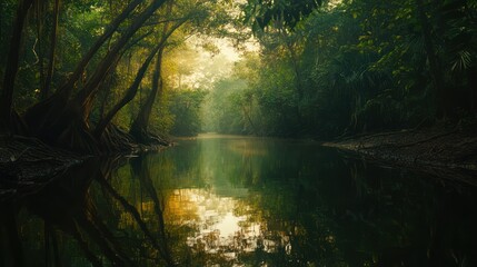 Obraz premium The tranquil Amazon River meanders through dense jungle, reflecting the towering trees and creating a serene mirror of the untouched wilderness.