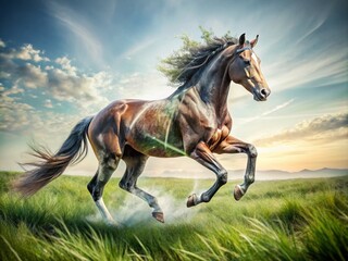 Captivating Double Exposure of Cantering Horse Legs in Motion, Blending Nature’s Elements with Dynamic Energy and Fluidity Captured in an Artistic Photography Style
