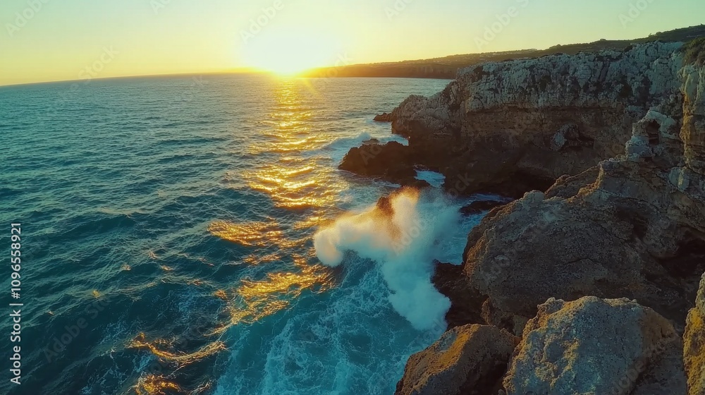 Poster the ocean is calm and the sun is setting, creating a beautiful