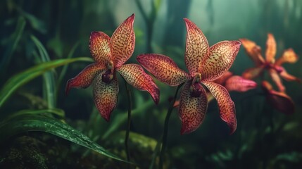 A close-up of Amazonian orchids reveals their intricate patterns and vibrant colors, standing out brilliantly against the lush green backdrop of the rainforest.
