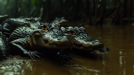 Obraz premium A cluster of Amazonian caimans rests along the muddy riverbanks, their stillness masking their sharp instincts and predatory strength.