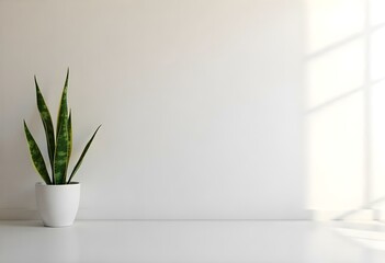 A potted plant on a white table against a plain white wall