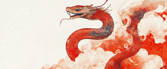 Obraz premium Chinese New Year-inspired illustrations featuring red dragons and snakes with symbolic designs. AI generated image