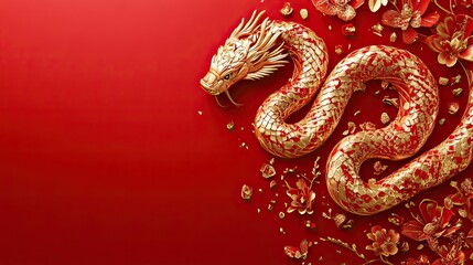 Obraz premium Red and gold themed Chinese New Year design with a decorative snake, symbolizing prosperity and luck. AI generated image