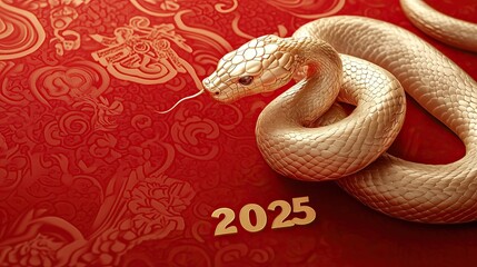 Fototapeta premium Red and gold themed Chinese New Year design with a decorative snake, symbolizing prosperity and luck. AI generated image