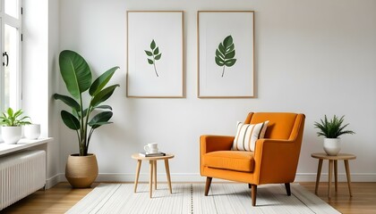 An orange mid-century modern armchair in a minimalist living room with white walls , framed botanical prints , and small side tables