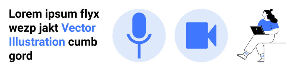 Blue microphone and video camera icons, person using a laptop. Ideal for online communication, virtual meetings, webinars, remote work, digital content creation, online education, technology. Landing