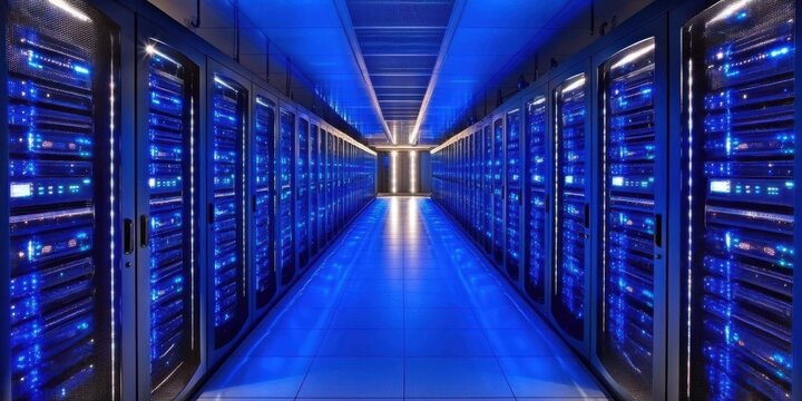 A futuristic data center with rows of servers illuminated in blue light, showcasing advanced technology and a sleek design
