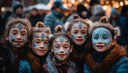 A joyful group of children showcases their vibrant face paint designs while participating in a lively winter market celebration at dusk. Their happy expressions highlight the festive atmosphere