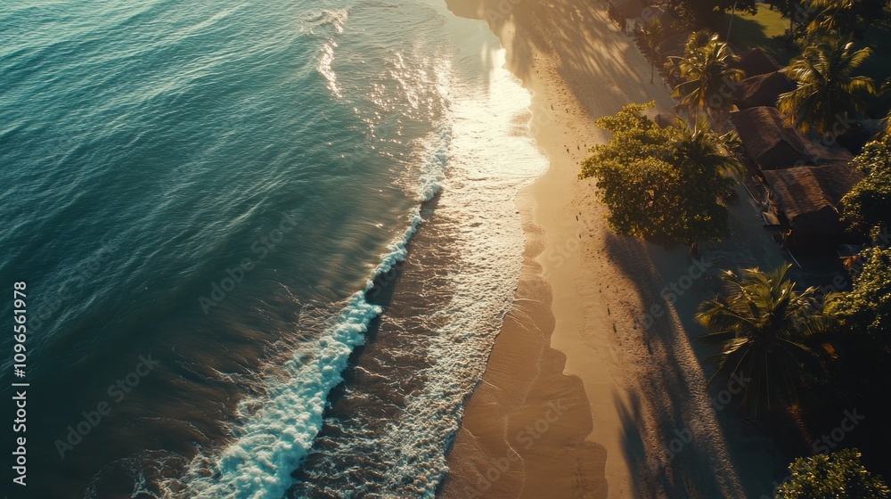 Poster a beautiful beach with a calm ocean and a few palm trees