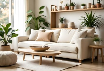 Fototapeta premium A cozy living room with a beige sofa, wooden coffee table, and shelves displaying plants and decor items in daylight featuring a warm rug and a fireplace