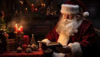 In a warm, candle-lit room adorned with decorations, Santa Claus enjoys a peaceful moment reading a book. The soft glow of candles enhances the festive atmosphere, creating a cozy haven