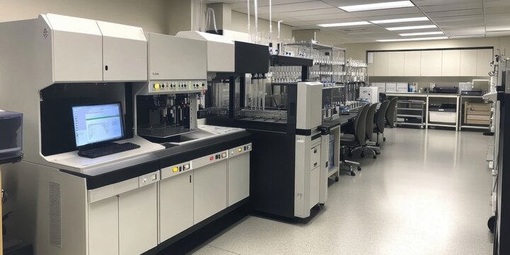 A gas chromatography laboratory with equipment in operation