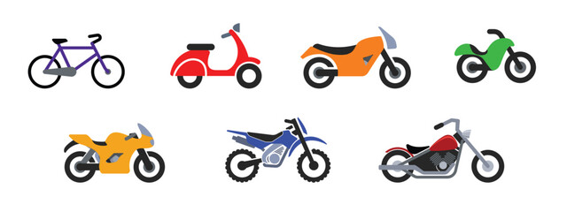 simple scooter moped motorcycle motorbike bike bicycle symbol icon set of 7 side view vector on transparent background © Marty's Art