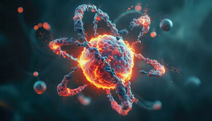 Illustration of an atom with glowing electrons surrounding a central nucleus on a dark background