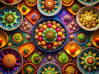 Captivating Glow Fractal Food Photography Featuring Colorful Dishes with Intricate Patterns and Vibrant Lighting for a Stunning Culinary Experience