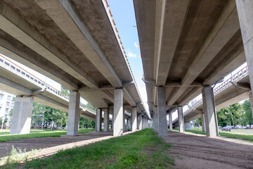 Abutments of a multi-lane concrete bridge in the city