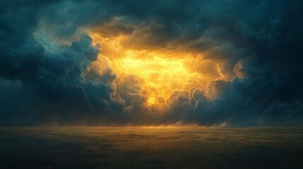 Fototapeta premium Golden Light Breaks Through Dark Storm Clouds Over Field