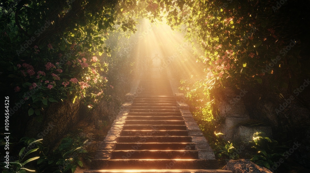 Poster a forest with a path leading up to a staircase