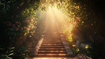 A forest with a path leading up to a staircase
