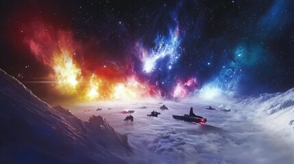 Fototapeta premium A vibrant cosmic scene with spaceships navigating through colorful nebulae and clouds.