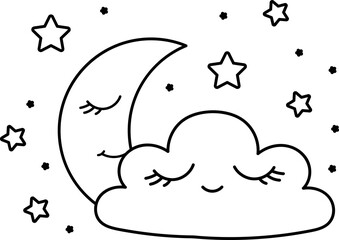 Crescent moon next to a white cloud in the night sky.

