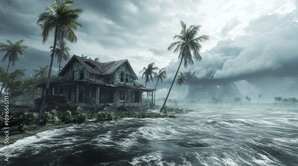Poster a house is on a beach with a storm in the background