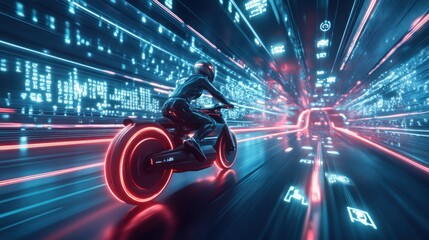 Futuristic motorcyclist speeds through a neon-lit digital tunnel, data streams flashing past.
