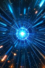 Fototapeta premium An artistic representation of light speed shows vibrant blue laser rays from a glowing center, evoking advanced technology and a futuristic design that captures the cosmoss immense potential