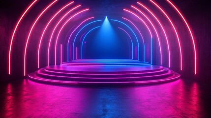 Obraz premium Neon Lit Stage Platform With Circular Archways