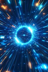 Naklejka premium An abstract representation showcasing the concept of light speed, featuring vibrant blue rays and glowing flares, which together create a dynamic and energetic futuristic atmosphere that captivates