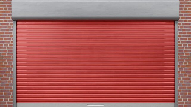 Red warehouse door set into a brick wall opens and closes.
Three dimensional animation of modern aluminum roller shutter or garage door with horizontal slats mounted on beige brick wall.  Alpha mask i