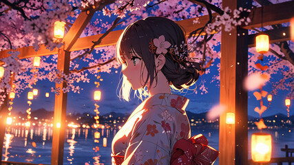 Twilight Beneath the Blossoms A Serene Anime Scene of Lanterns, Cherry Trees, and Tranquil Reflections