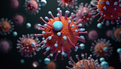 Fototapeta premium This depiction illustrates the flu virus with its distinctive spherical shape, protruding spikes, and vibrant colors, emphasizing its complex biology and formation