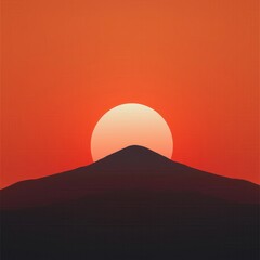 Minimalistic landscape with the sun rising behind a mountain, casting warm orange hues across the sky.