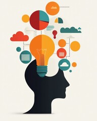 A silhouette of a head with light bulbs and colorful graphics emanating from it, symbolizing creativity and innovative thinking.