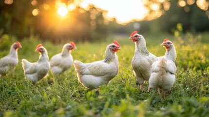Obraz premium Free Range Organic Chickens Grazing on Farm at Sunrise