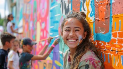 Fototapeta premium Happy girl painting vibrant mural with friends.