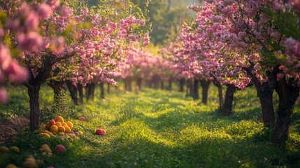 Naklejka premium Blooming Organic Orchard with Various Fruit Trees in Spring