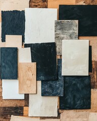 A collage of textured panels in varying shades of black, white, and beige, showcasing an artistic arrangement of materials.