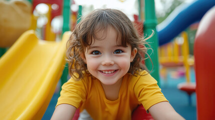 Joyful child playing on colorful playground, smiling brightly while exploring slides and climbing structures. vibrant environment enhances fun experience