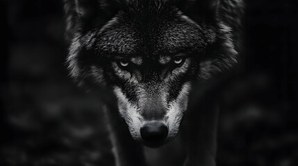 A close-up of the powerful face of a wolf in monochrome color