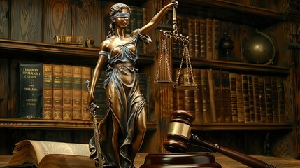 Lady Justice statue with scales, sword, and gavel in a law library setting.