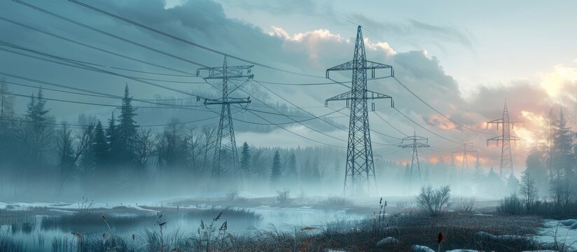 Power Lines in a Misty Forest