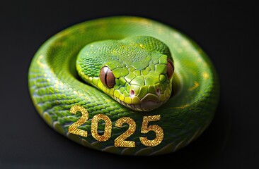 Fototapeta premium Green snake with golden 2025 numbers for Chinese New Year celebration. AI generated image
