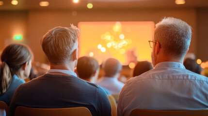 audience in a dimly lit room, attentively observing a presentation displayed on a large screen